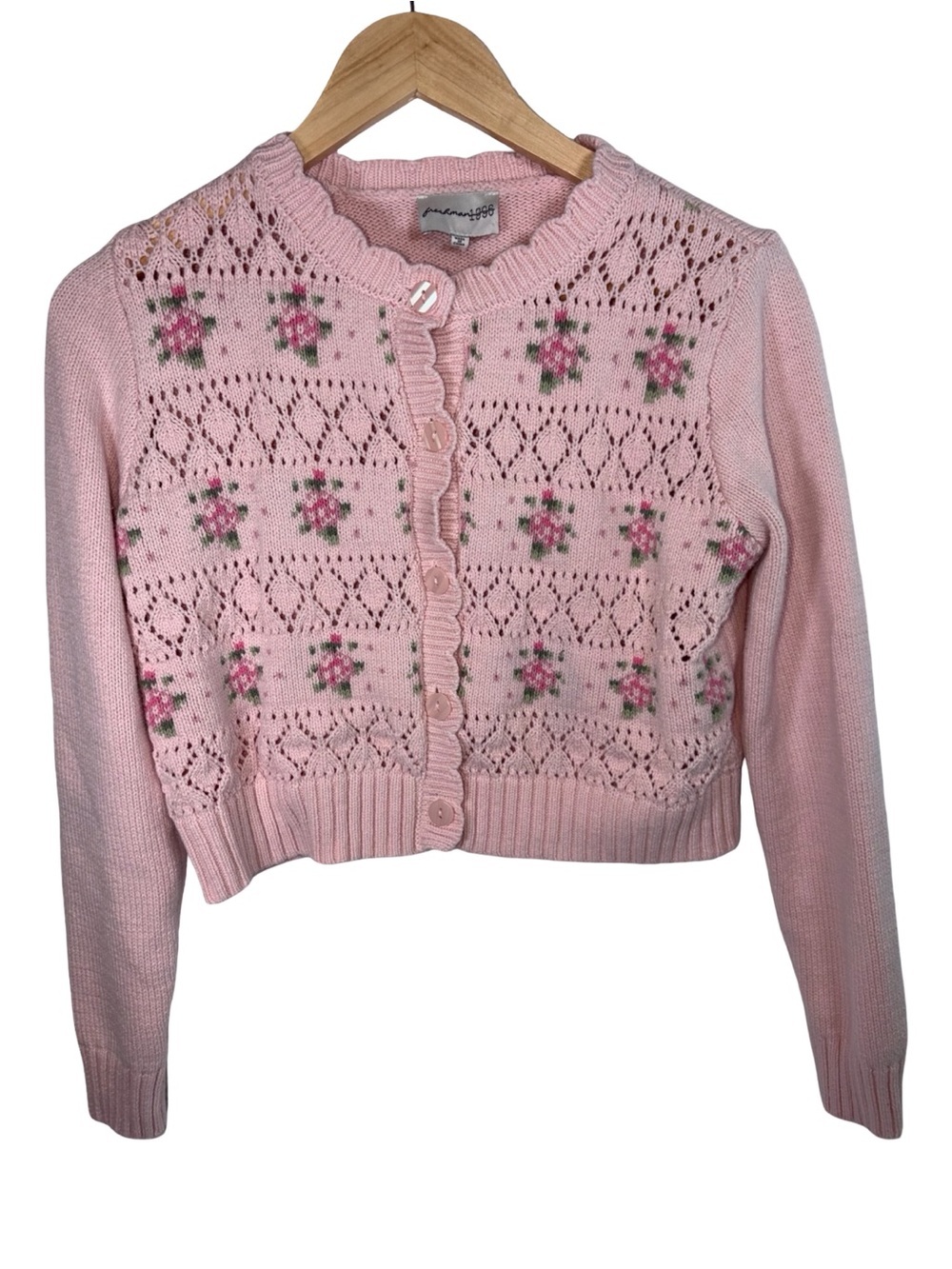 Freshman 1996 pink floral open-knit cardigan
